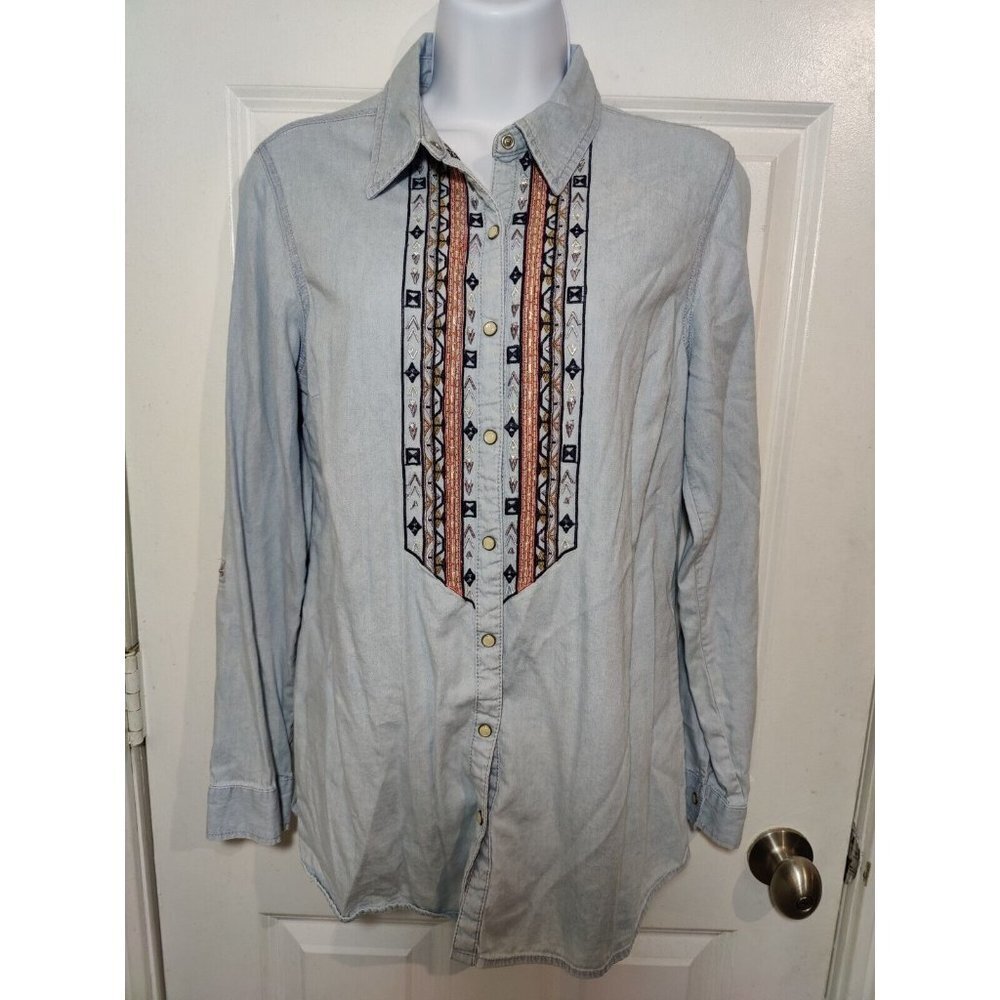 Krazy Kat Chambray Western Pearl-Snap Button-Up Embroidered‎ Roll-Tab Top S